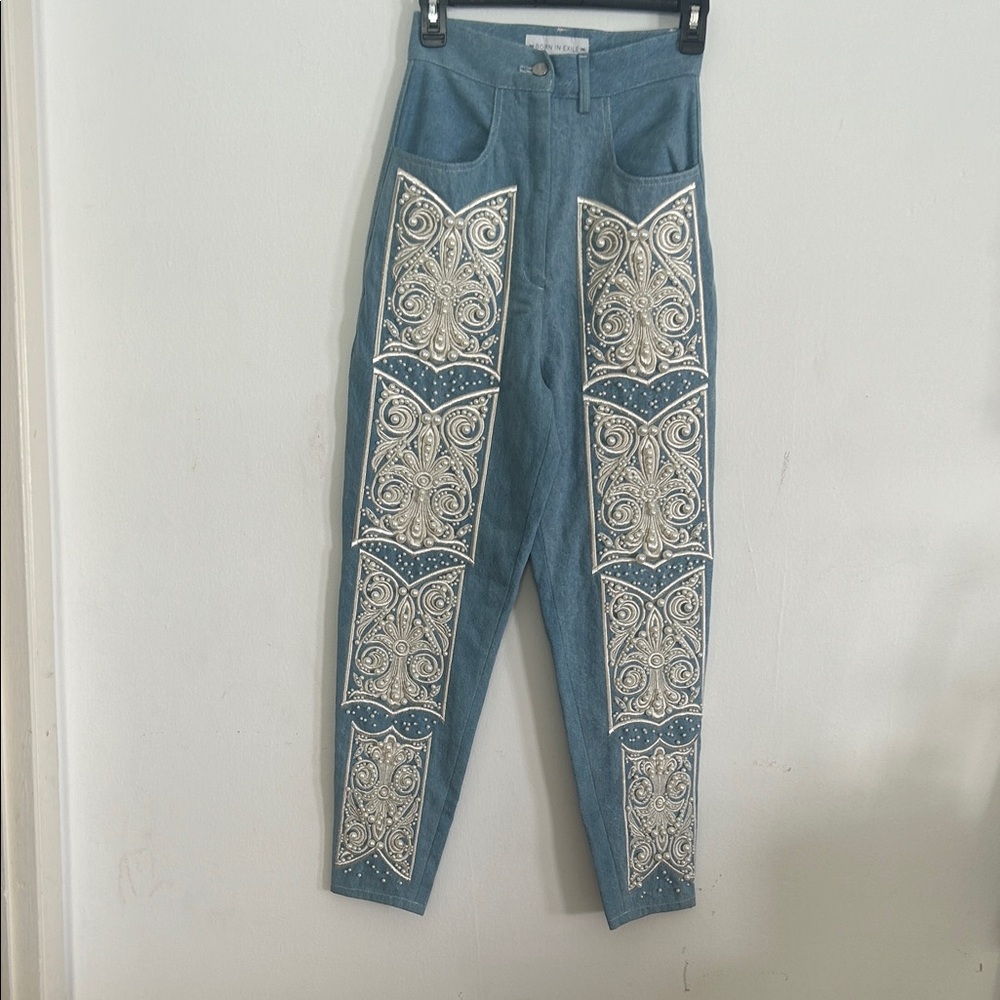 High-Rise Blue Women's Jeans with White Embroidered Panels